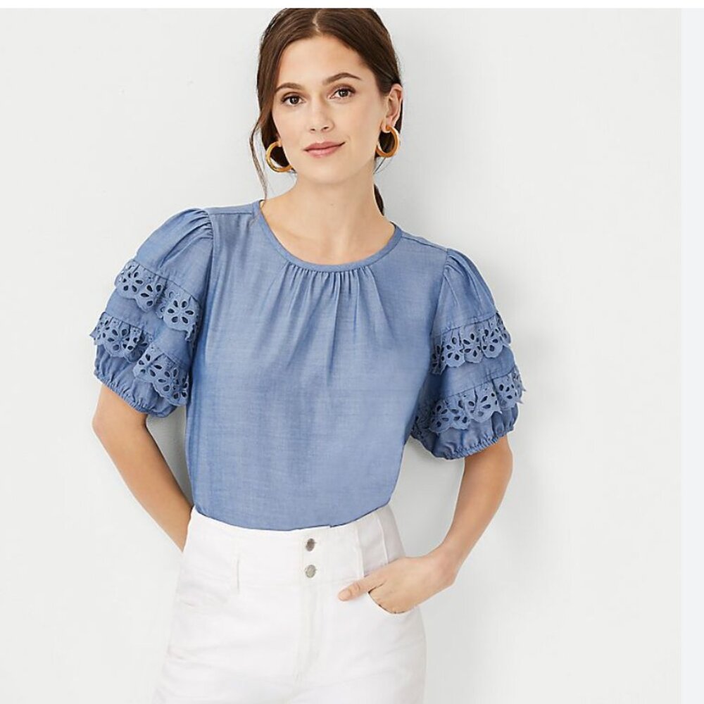✨🌊 Ann Taylor Eyelet Ruffle Sleeve Top – Chambray Blue (NEW WITH TAG)✨🌊‎